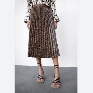 Zara Reptile Print Faux Leather Pleated Midi Skirt
